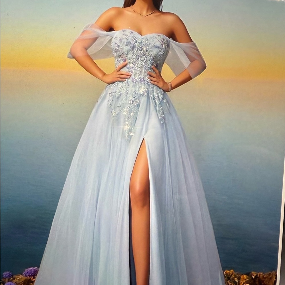 Glamorous light blue off the shoulder embroidered tulle formal dress - Picture 8 of 14